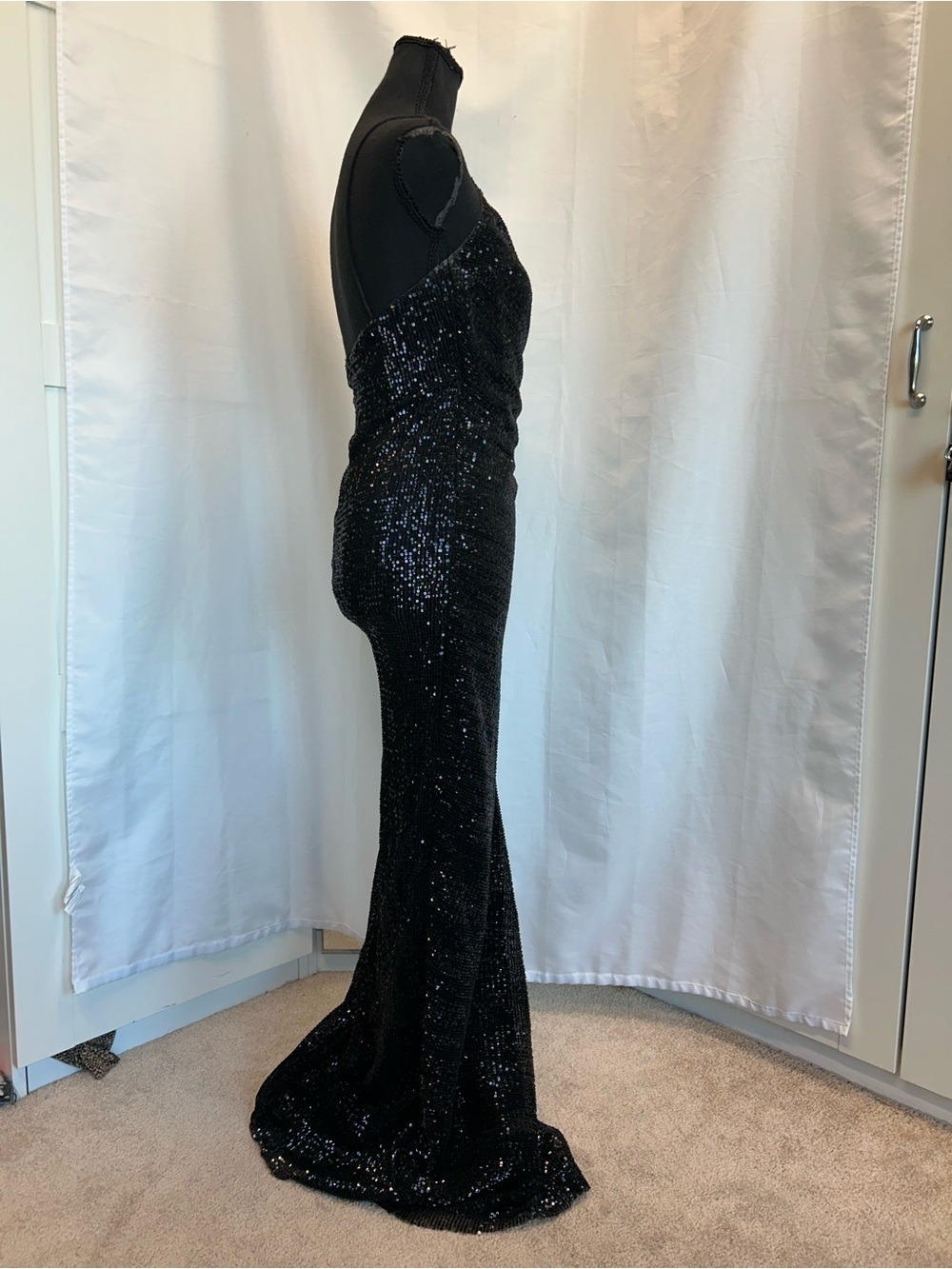Black Sequin embellished Spaghetti Strap V-neck Formal Evening Gown high slit 8 - Picture 4 of 15